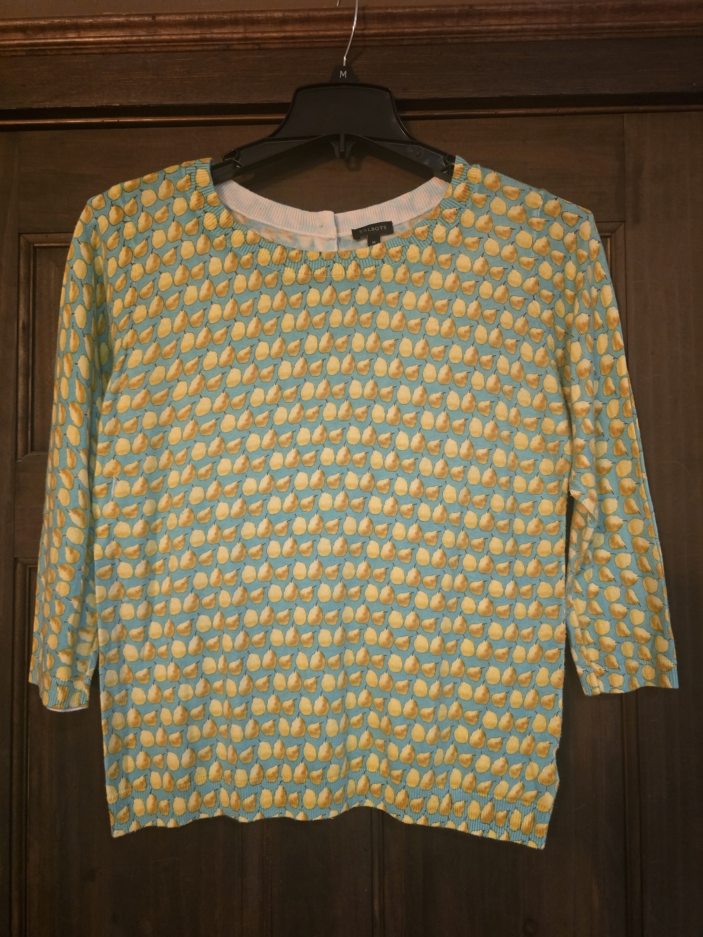 Talbots Yellow Pear-Print Crewneck Sweater With Nutton Back Medium
